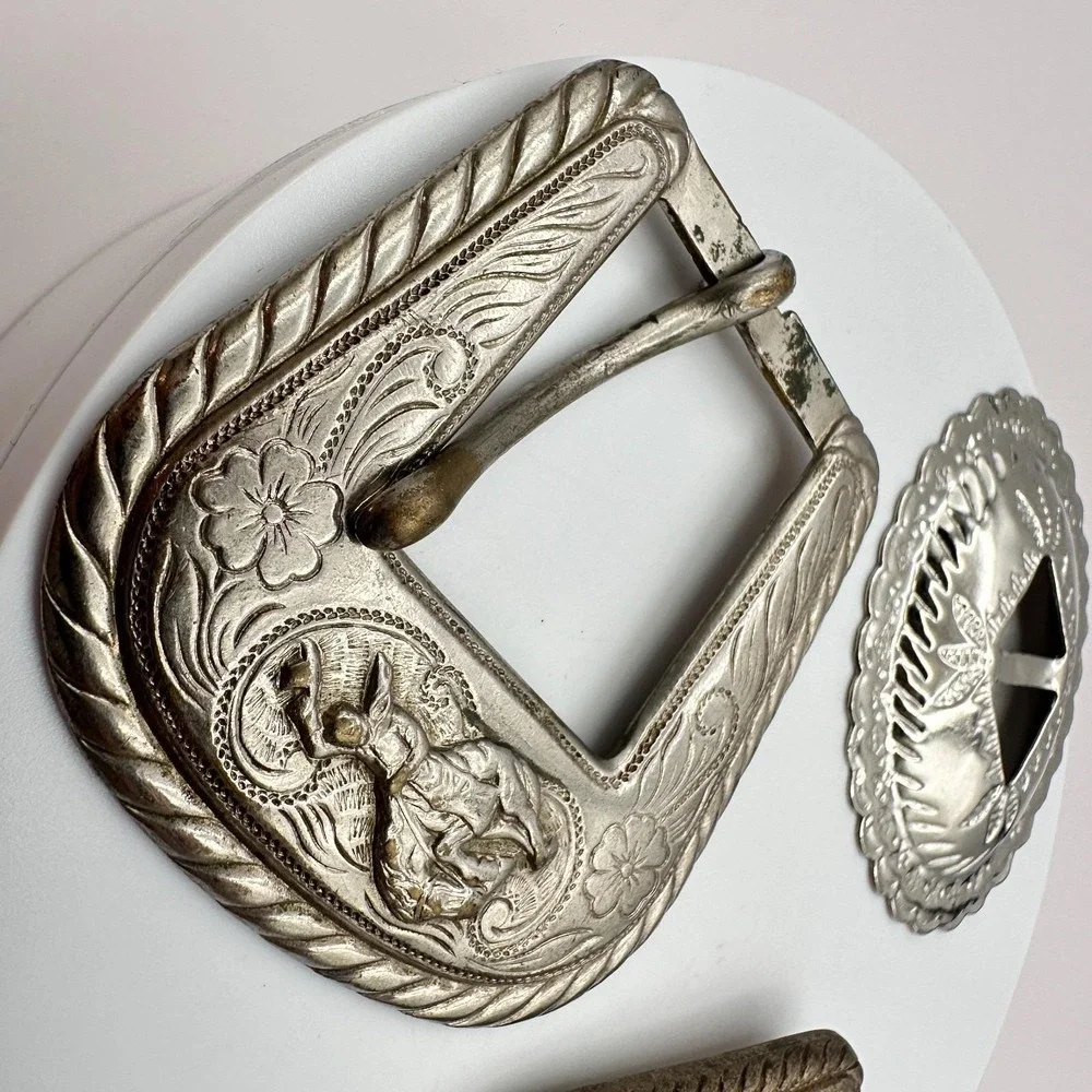 Vintage 80s 90s Western Floral Engraved Slotted Concho Belt Buckles Set Y2K Boho